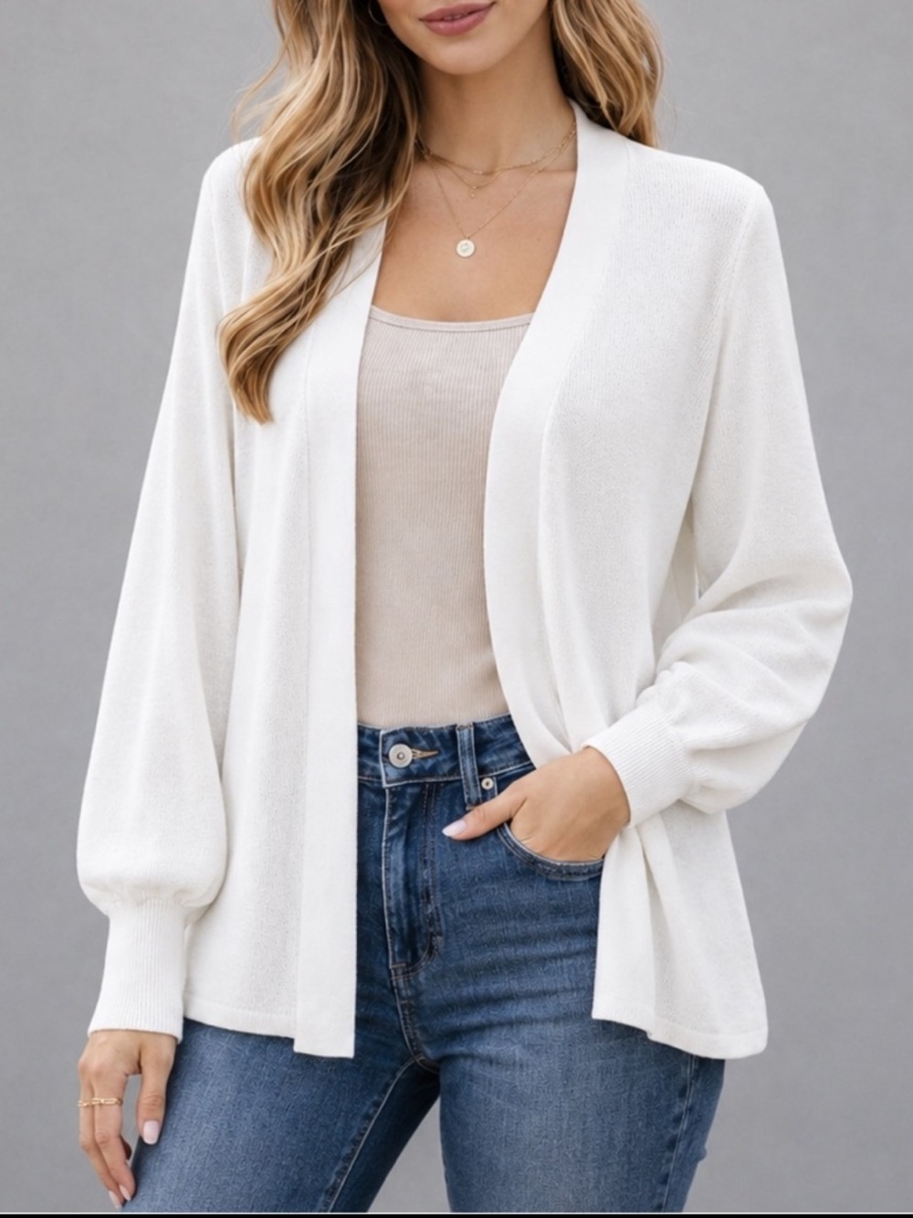 LOFT Ivory Open Front Cotton Cardigan Knit Bishop Sleeve Soft White Sweater XS